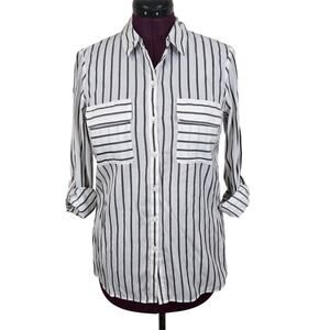 Women's Express White & Gray Striped Button Down Blouse | Size Medium